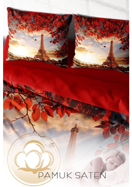 Çift Kişilik Lastikli Çarşaflı Pamuk Saten Eiffel Nevresim Takımı fırsatları