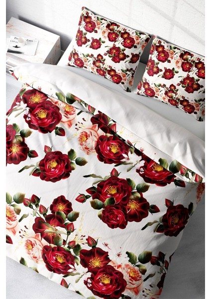 Çift Kişilik Lastikli Çarşaflı Pamuk Saten Red Rose Nevresim Takımı