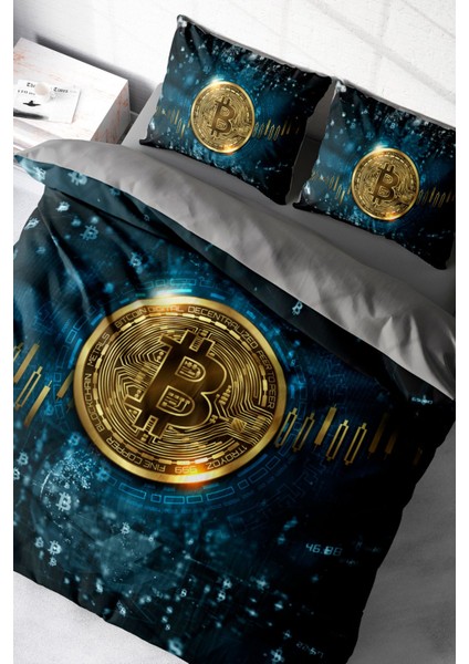 Lastikli Çarşaflı Pamuk Saten Çift Kişilik 3D Bitcoin Lacivert Nevresim Takımı