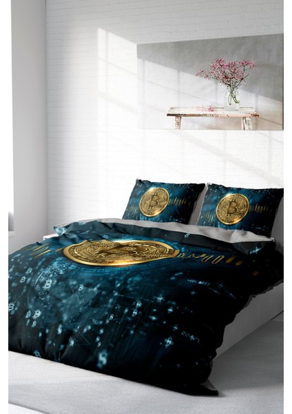 Lastikli Çarşaflı Pamuk Saten Çift Kişilik 3D Bitcoin Lacivert Nevresim Takımı fiyatları