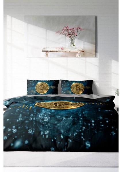 Lastikli Çarşaflı Pamuk Saten Çift Kişilik 3D Bitcoin Lacivert Nevresim Takımı modelleri