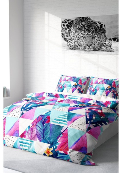 Çift Kişilik Lastikli Çarşaflı Pamuk Saten Geometric Tropical Nevresim Takımı fiyatları