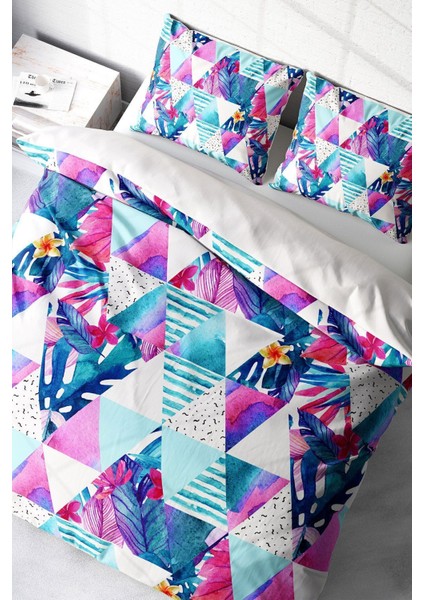 Çift Kişilik Lastikli Çarşaflı Pamuk Saten Geometric Tropical Nevresim Takımı modelleri
