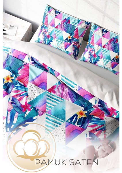 Çift Kişilik Lastikli Çarşaflı Pamuk Saten Geometric Tropical Nevresim Takımı fırsatları