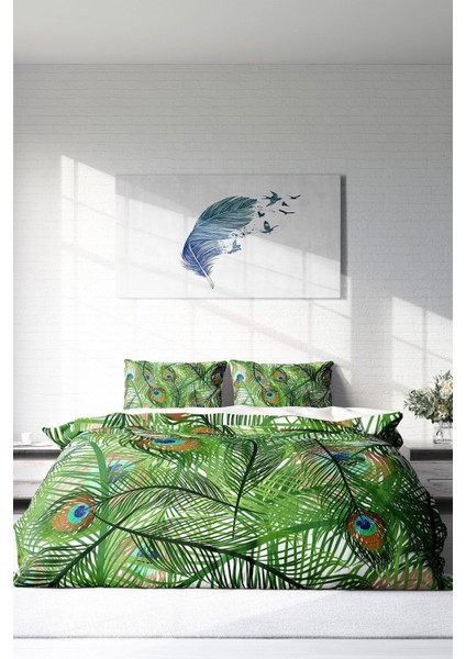 Çift Kişilik Lastikli Çarşaflı Pamuk Saten Peacock Feathers Nevresim Takımı