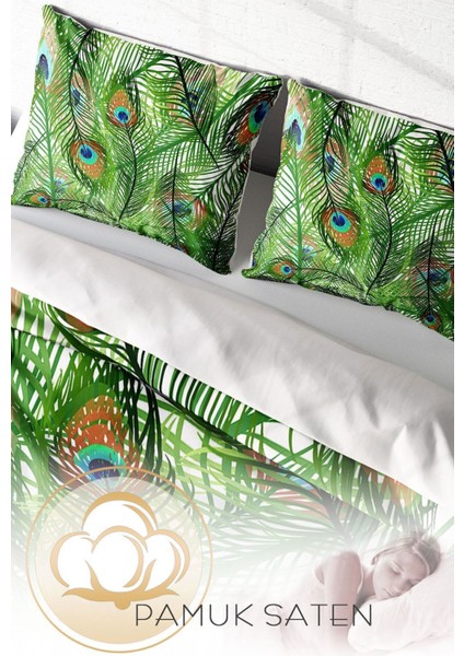 Çift Kişilik Lastikli Çarşaflı Pamuk Saten Peacock Feathers Nevresim Takımı