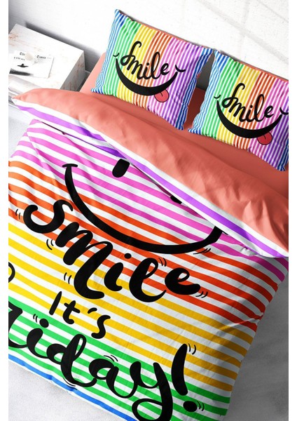 Lastikli Çarşaflı Pamuk Saten Çift Kişilik Friday Smile Nevresim Takımı