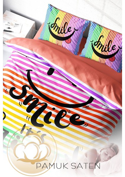 Lastikli Çarşaflı Pamuk Saten Çift Kişilik Friday Smile Nevresim Takımı