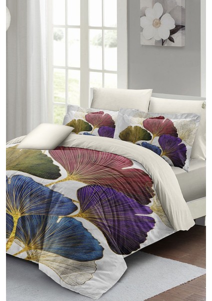 Çift Kişilik Lastikli Çarşaflı Pamuk Saten Colorfull Leave Nevresim Takımı