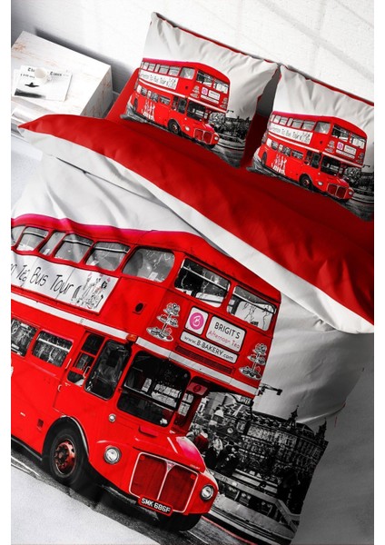 Çift Kişilik Lastikli Çarşaflı Pamuk Saten London Bus Nevresim Takımı modelleri