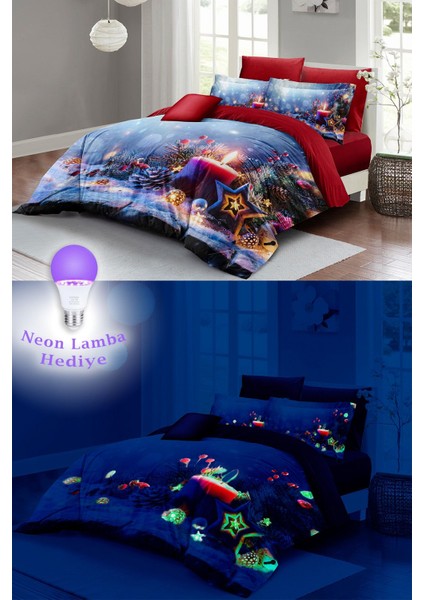 Yılbaşı Neonlu Fosforlu Çift Kişilik Pamuk Saten Christmas Candle Nevresim Takımı