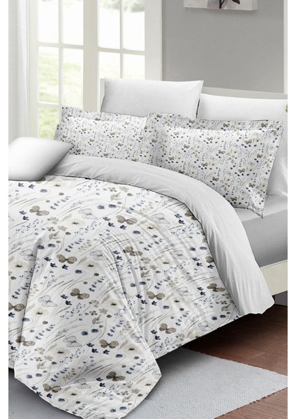 Çift Kişilik Lastikli Çarşaflı Pamuk Saten Butterfly Flower Luxury Nevresim Takımı