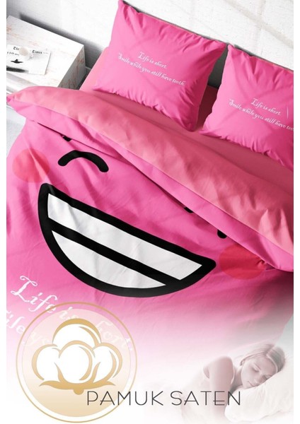 Çift Kişilik Lastikli Çarşaflı Pamuk Saten Smile Mottom Nevresim Takımı fırsatları