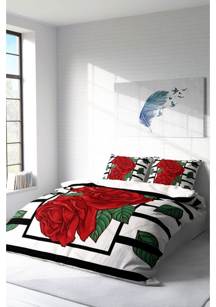 Çift Kişilik Lastikli Çarşaflı Pamuk Saten Rose Box Nevresim Takımı