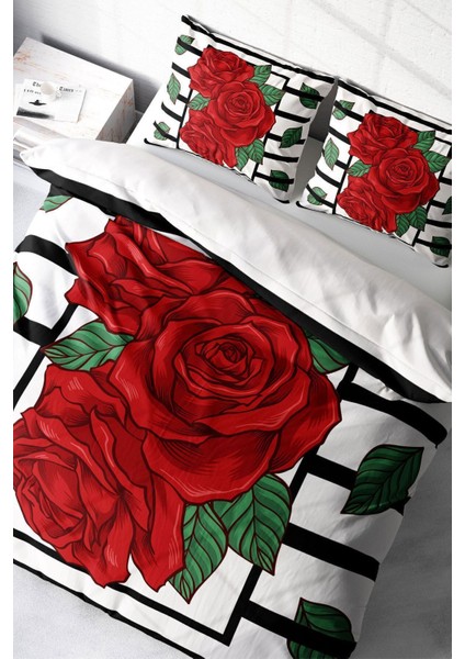 Çift Kişilik Lastikli Çarşaflı Pamuk Saten Rose Box Nevresim Takımı
