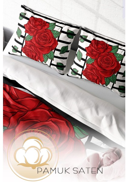 Çift Kişilik Lastikli Çarşaflı Pamuk Saten Rose Box Nevresim Takımı