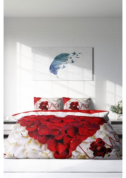 Lastikli Çarşaflı Pamuk Saten Çift Kişilik Heart Rose Nevresim Takımı modelleri