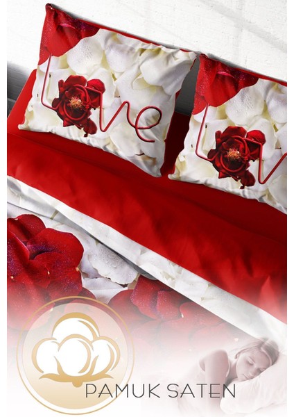 Lastikli Çarşaflı Pamuk Saten Çift Kişilik Heart Rose Nevresim Takımı fırsatları