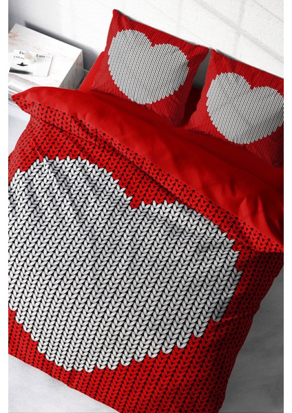 Lastikli Çarşaflı Pamuk Saten Çift Kişilik Woven Heart Nevresim Takımı