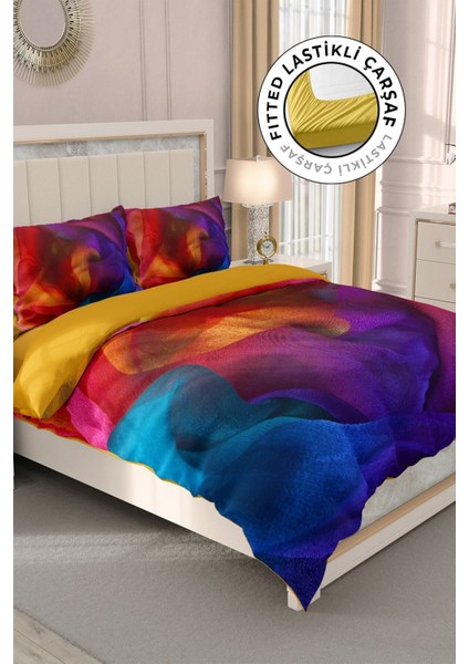 Lastikli Çarşaflı Pamuk Saten Çift Kişilik Paint Nevresim Takımı