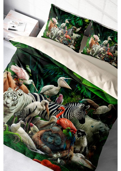 Doğal Pamuk Çift Kişilik 3D Digital Natural Zoo Nevresim Takımı