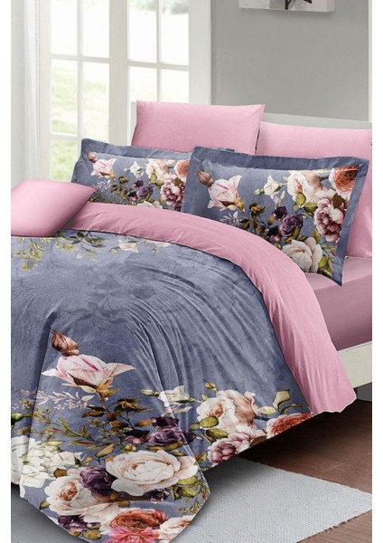 Çift Kişilik Lastikli Çarşaflı Pamuk Saten Çiçekli Bahar Nevresim Takımı