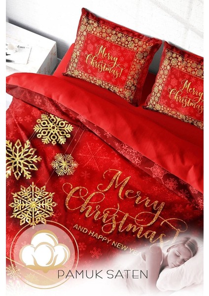 Yılbaşı (Lastikli Çarşaflı) Çift Kişilik Pamuk Saten Kırmızı Nevresim Takımı fırsatları