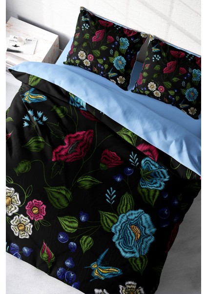 Lastikli Çarşaflı Pamuk Saten Çift Kişilik Flower Black Nevresim Takımı
