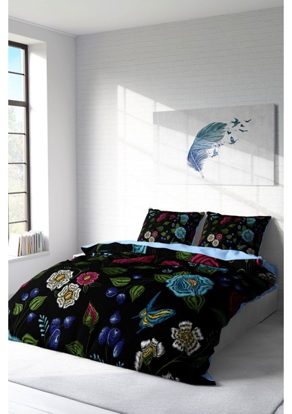 Lastikli Çarşaflı Pamuk Saten Çift Kişilik Flower Black Nevresim Takımı fiyatları