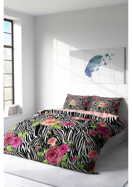 Çift Kişilik Lastikli Çarşaflı Pamuk Saten Zebra Flower Nevresim Takımı fiyatları