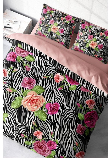 Çift Kişilik Lastikli Çarşaflı Pamuk Saten Zebra Flower Nevresim Takımı modelleri