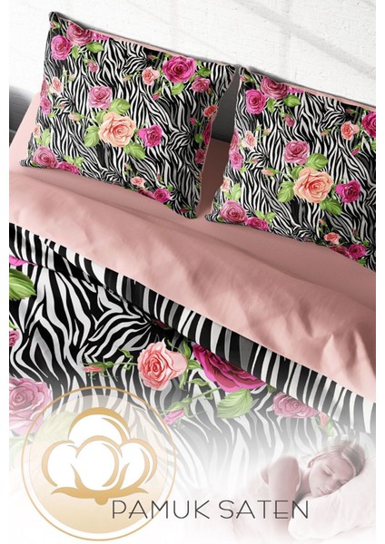 Çift Kişilik Lastikli Çarşaflı Pamuk Saten Zebra Flower Nevresim Takımı fırsatları