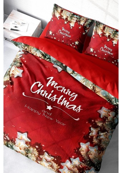 Yılbaşı Çift Kişilik Nevresim Lastikli Çarşaflı Pamuk Saten Stars Noel Nevresim Takımı