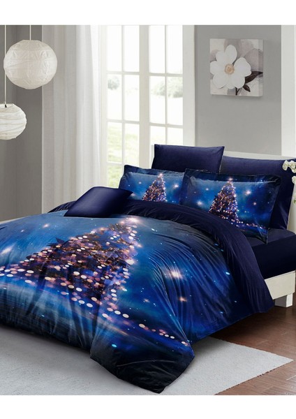 Yılbaşı (Lastikli Çarşaflı) Çift Kişilik Pamuk Saten Starry Tree Nevresim Takımı