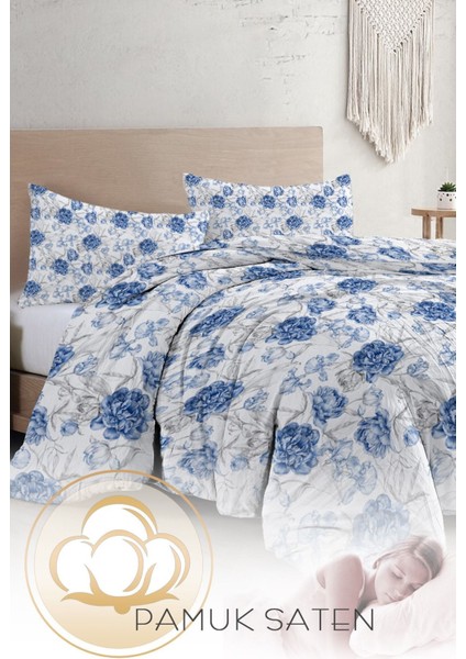 Çift Kişilik Özel Dokuma Pamuk Saten Tuval Koleksiyonu Shadow Flowers Blue Nevresim Takımı fırsatları