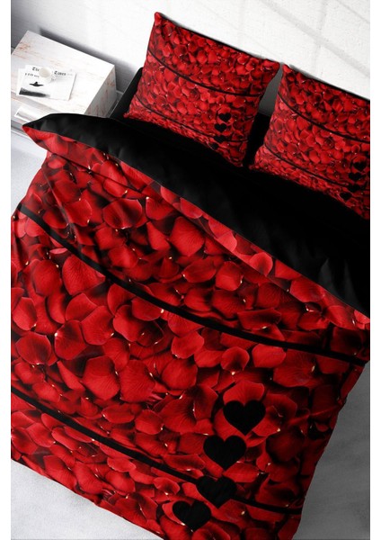 Çift Kişilik Lastikli Çarşaflı Pamuk Saten Rose Feather Nevresim Takımı