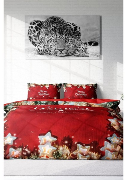 Yılbaşı Çift Kişilik Nevresim Lastikli Çarşaflı Pamuk Saten Red Stars Nevresim Takımı