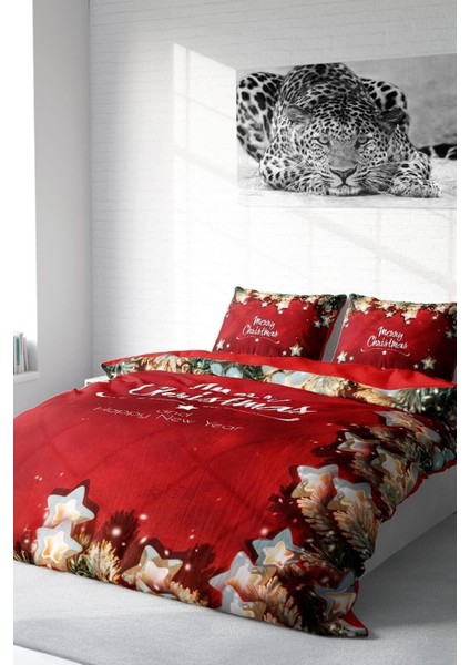 Yılbaşı Çift Kişilik Nevresim Lastikli Çarşaflı Pamuk Saten Red Stars Nevresim Takımı fiyatları