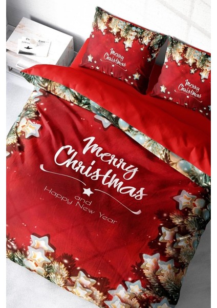 Yılbaşı Çift Kişilik Nevresim Lastikli Çarşaflı Pamuk Saten Red Stars Nevresim Takımı modelleri