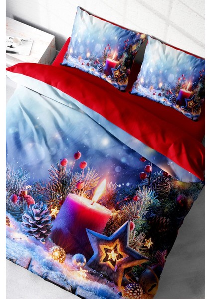 Yılbaşı Çift Kişilik Nevresim Lastikli Çarşaflı Pamuk Saten Christmas Candle Nevresim Takımı