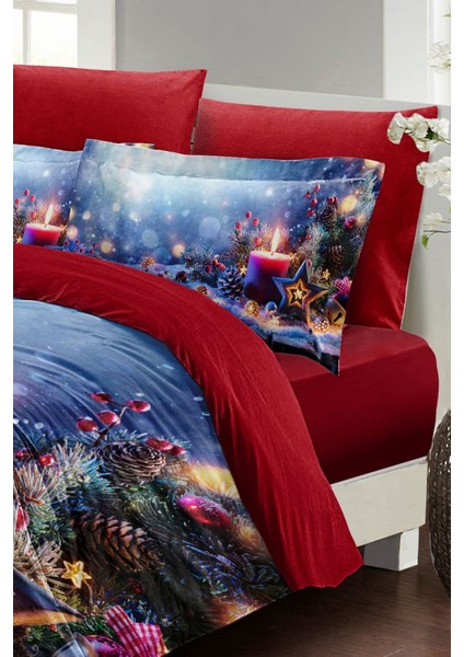 Yılbaşı Çift Kişilik Nevresim Lastikli Çarşaflı Pamuk Saten Christmas Candle Nevresim Takımı fırsatları