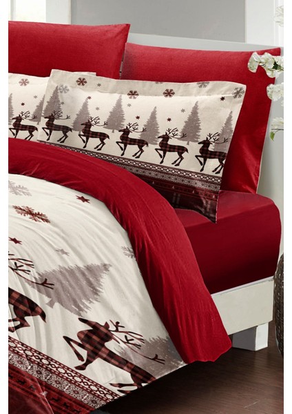 Yılbaşı Çift Kişilik Nevresim Lastikli Çarşaflı Pamuk Saten Red Deers Nevresim Takımı fırsatları