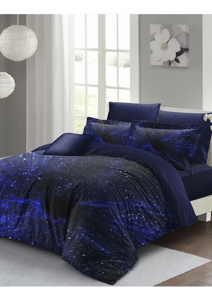Çift Kişilik Lastikli Çarşaflı Pamuk Saten Blue Nıght Nevresim Takımı