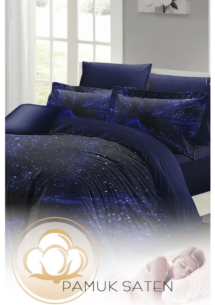 Çift Kişilik Lastikli Çarşaflı Pamuk Saten Blue Nıght Nevresim Takımı fırsatları