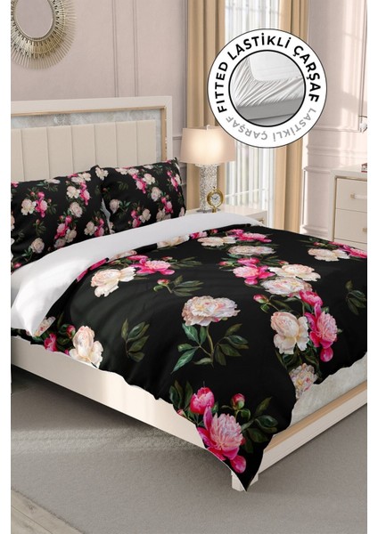Lastikli Çarşaflı Pamuk Saten Çift Kişilik Black Flower Nevresim Takımı