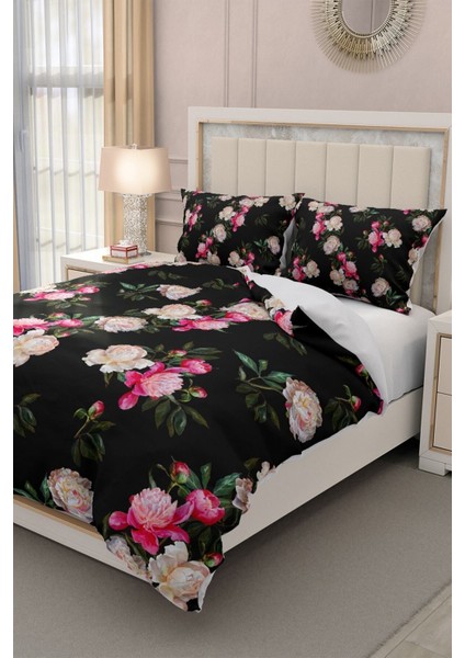 Lastikli Çarşaflı Pamuk Saten Çift Kişilik Black Flower Nevresim Takımı modelleri