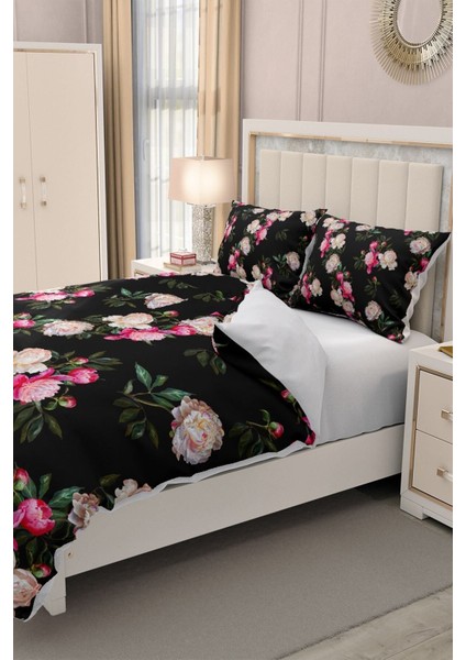 Lastikli Çarşaflı Pamuk Saten Çift Kişilik Black Flower Nevresim Takımı fırsatları