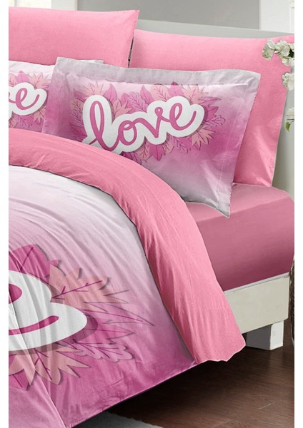 Çift Kişilik Lastikli Çarşaflı Sevgililer Günü % 100 Pamuk Saten Pınk Love Nevresim Takımı fırsatları