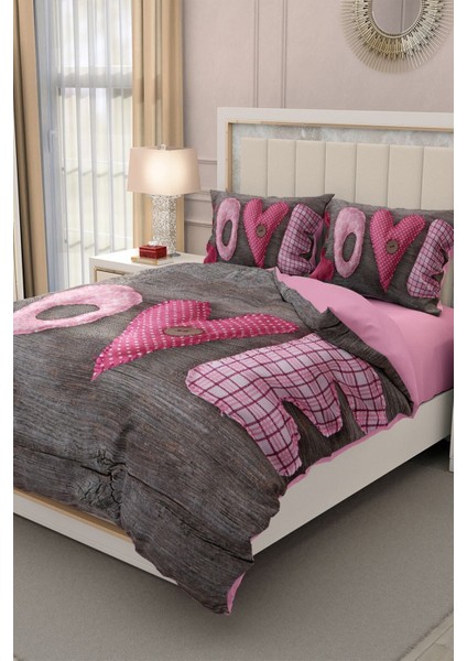 Çift Kişilik Lastikli Çarşaflı Sevgililer Günü % 100 Pamuk Saten 3D Aşkımm Nevresim Takımı