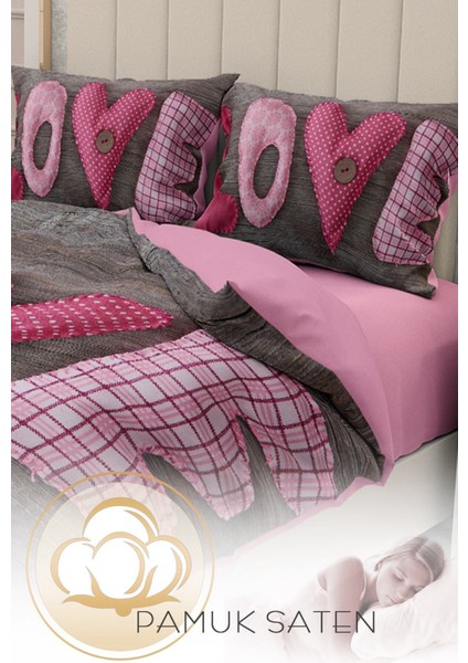 Çift Kişilik Lastikli Çarşaflı Sevgililer Günü % 100 Pamuk Saten 3D Aşkımm Nevresim Takımı indirimleri